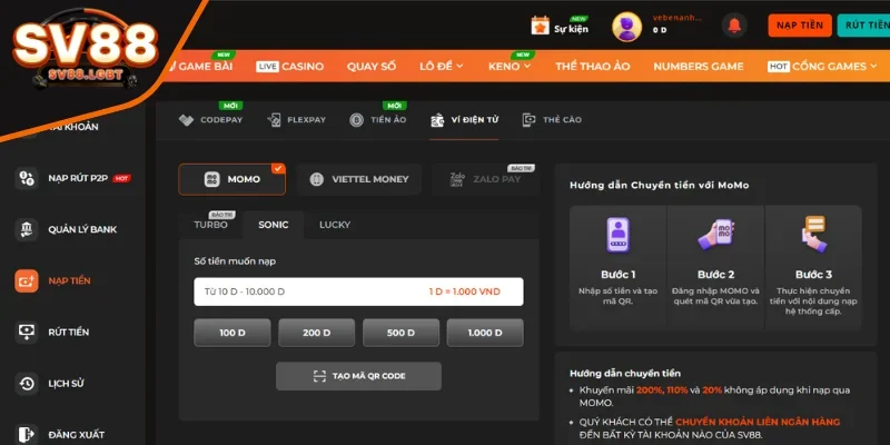 Ví điện tử - Nạp tiền SV88 siêu tốc, dễ dàng