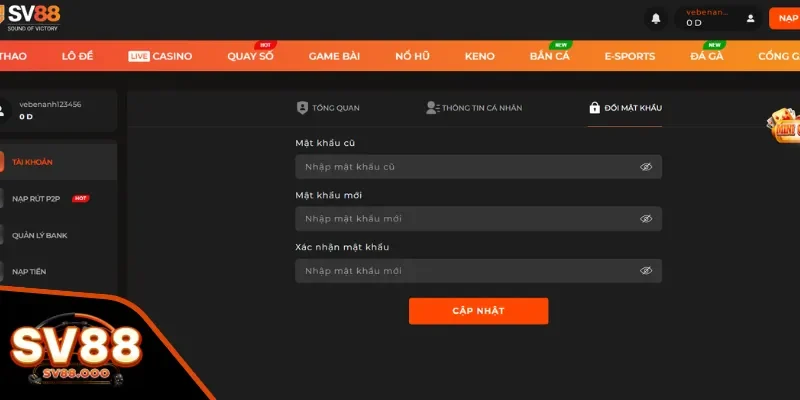 Cách đổi mật khẩu SV88 cho Newbie